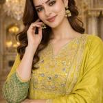 Pure Russian Silk Suit Set with Premium Zari Embroidery – 3 Piece Festive Wear Kurti Pant Dupatta