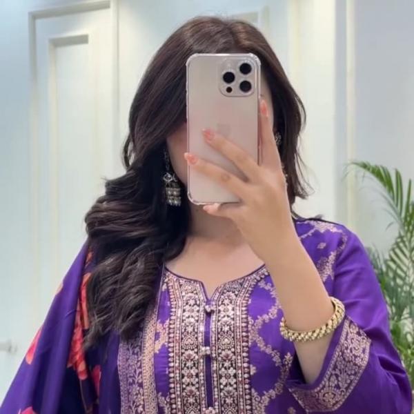 Banarasi Silk Suit Set with Zari Work & Pearl Bracelet – 4 Piece Ready-Made Festive Wear for Women