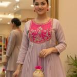 Lavender Embroidered Kurta Set with Contrast Magenta Yoke & Pearl Tassels – Festive Wear Suit for Women