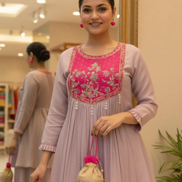 Lavender Embroidered Kurta Set with Contrast Magenta Yoke & Pearl Tassels – Festive Wear Suit for Women