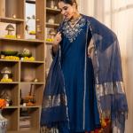 Pure Satori Silk Embroidered Kurta Set with Banarasi Zari Dupatta – Festive 3 Piece Suit for Women
