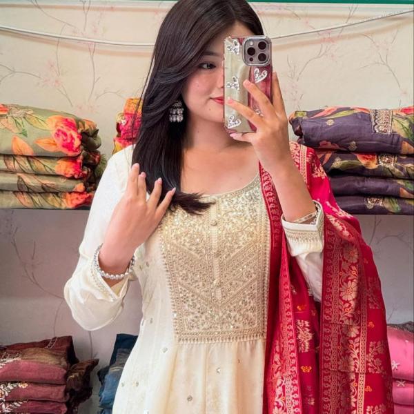 Jashn-E-Bahaaraa Banana Silk Anarkali Suit Set with Banarasi Dupatta – 3 Meter Flared Festive Wear