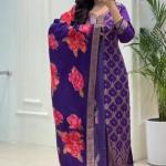 Banarasi Silk Suit Set with Zari Work & Pearl Bracelet – 4 Piece Ready-Made Festive Wear for Women