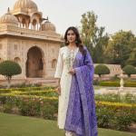 Banarasi Bandhej Banana Silk Suit Set – Embroidered Kurti Pant Dupatta Festive Wear