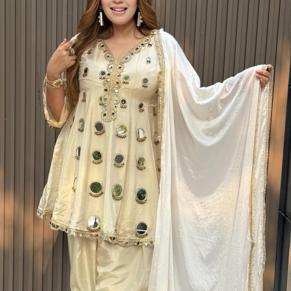 Luxury Tissue Silk Anarkali Kurta Set with Mirror Work – Ivory Cream Festive & Wedding Wear