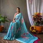 Original Linen Saree with Silver Jari Patta and Digital Print