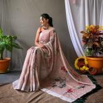 Original Linen Saree with Silver Jari Patta and Digital Print