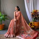 Original Linen Saree with Silver Jari Patta and Digital Print