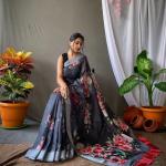 Original Linen Saree with Silver Jari Patta and Digital Print