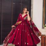 Designer Chinnon Silk Embroidery Gown & Dupatta Set