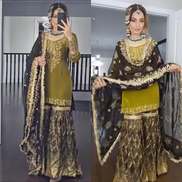MD-3033 | Elegant Embroidered Chinnon Silk Sharara Set