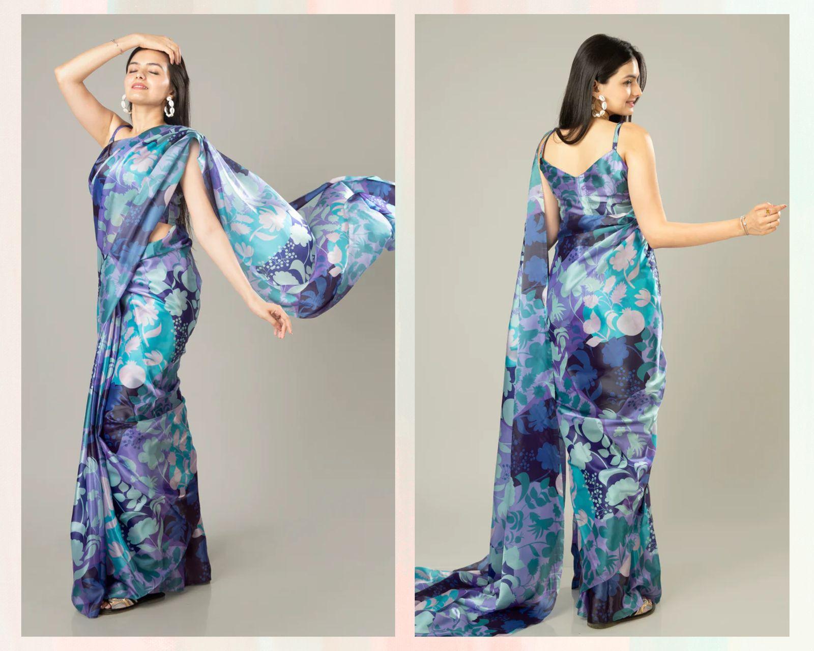 Velora Bloom – Floral Heavy Satin Saree with Plain Blouse Piece