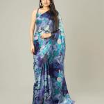 Velora Bloom – Floral Heavy Satin Saree with Plain Blouse Piece