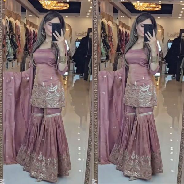 MD-3035 | Premium Embroidered Neutral Silk Sharara Set