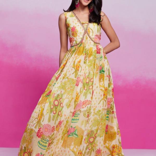 TF-352 | Elegant Organza Printed Gown with Handwork Detailing