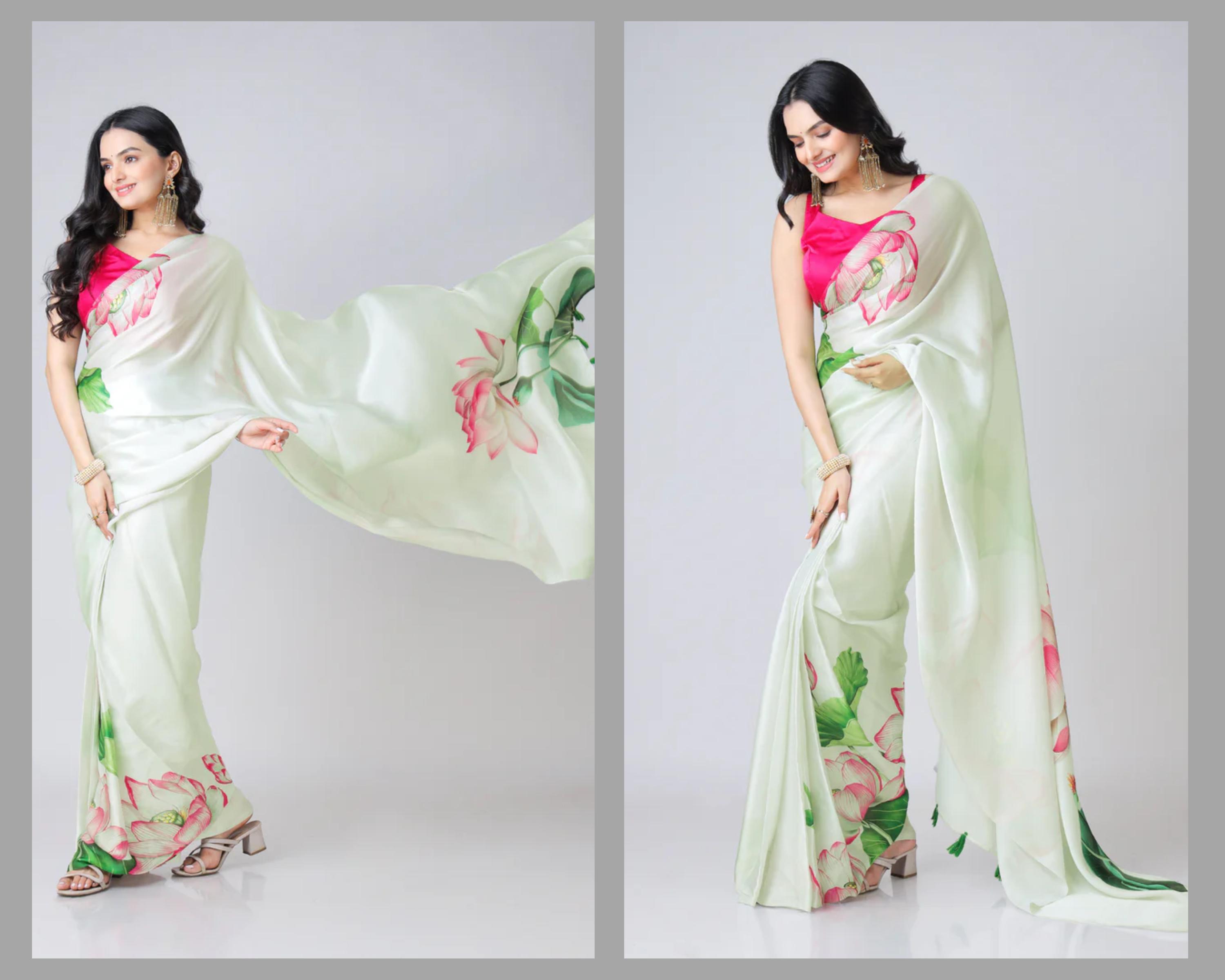 Blossom Luxe – Floral Print Heavy Japan Satin Saree with Plain Satin Blouse (GRTN2194)