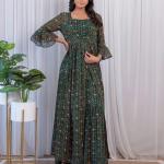 TF-242 | Green Georgette Printed Crop Top with Palazzo & Jacket Set