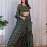 TF-242 | Green Georgette Printed Crop Top with Palazzo & Jacket Set
