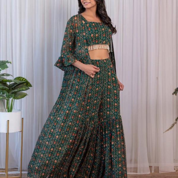 TF-242 | Green Georgette Printed Crop Top with Palazzo & Jacket Set