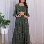 TF-242 | Green Georgette Printed Crop Top with Palazzo & Jacket Set