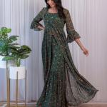 TF-242 | Green Georgette Printed Crop Top with Palazzo & Jacket Set
