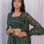 TF-242 | Green Georgette Printed Crop Top with Palazzo & Jacket Set