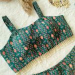 TF-242 | Green Georgette Printed Crop Top with Palazzo & Jacket Set