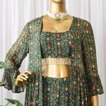 TF-242 | Green Georgette Printed Crop Top with Palazzo & Jacket Set