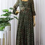 TF-242 | Green Georgette Printed Crop Top with Palazzo & Jacket Set