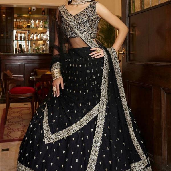 TF-189 | Black Soft Net Lehenga Set with Zari & Sequins Work