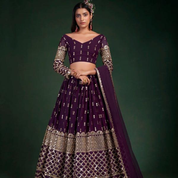 TF-167 | Wine Georgette Semi-Stitched Lehenga with Zari & Foil Mirror Work