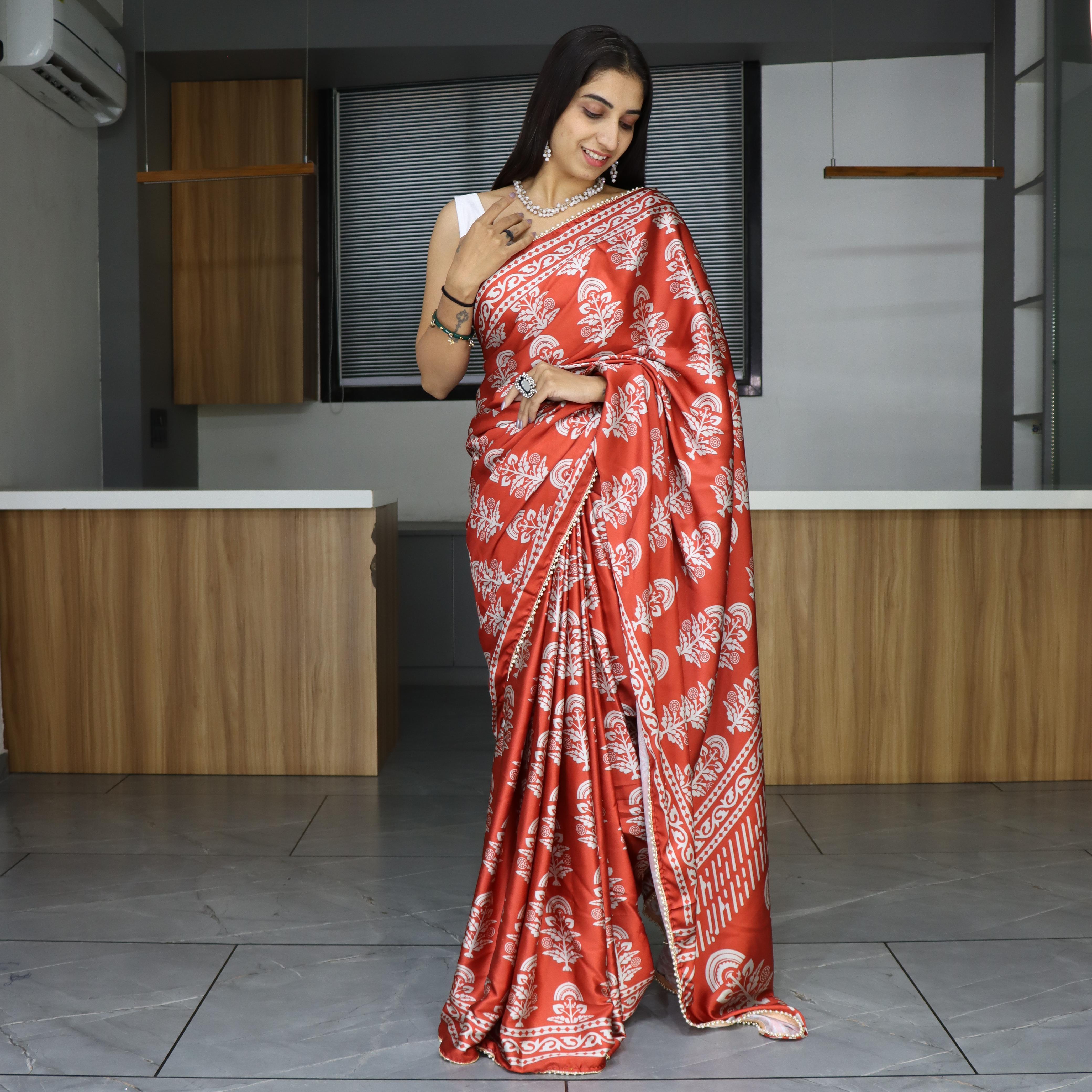 PearlGleam – Pure Japan Satin Printed Saree with Optional Pearl Lace Border