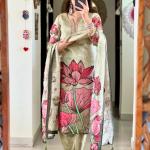 DT BRAND Pastel Pista Floral Mirror Work Kurta Set – Muskin Silk Elegance