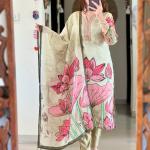 DT BRAND Pastel Pista Floral Mirror Work Kurta Set – Muskin Silk Elegance