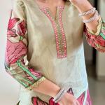 DT BRAND Pastel Pista Floral Mirror Work Kurta Set – Muskin Silk Elegance