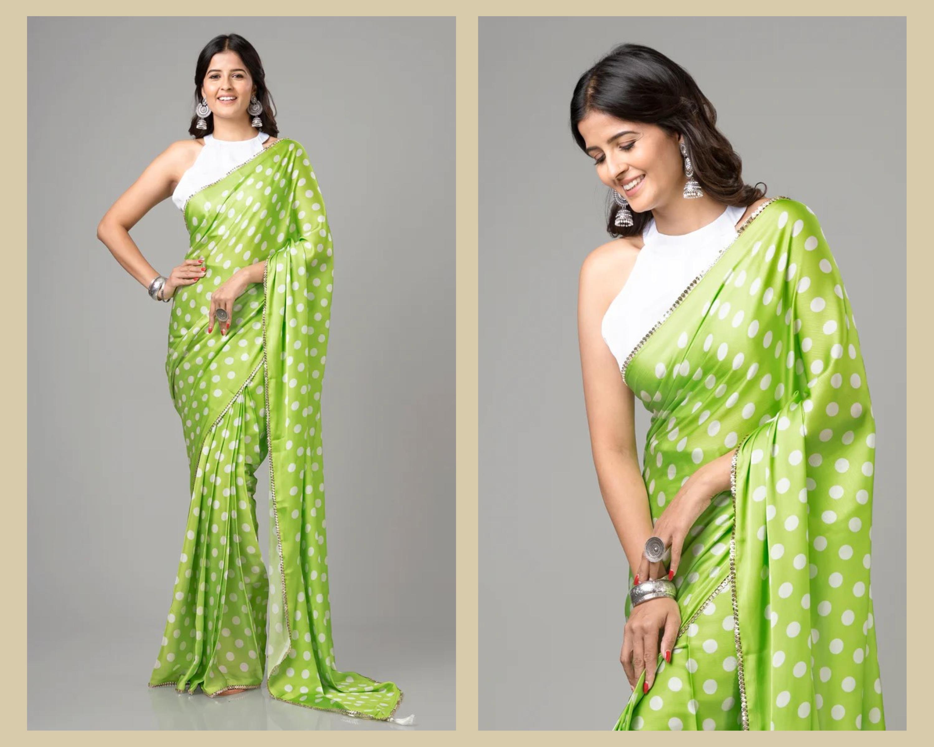 DotElegance – Pure Japan Satin Polka Dot Saree with Sequence Pearl Lace