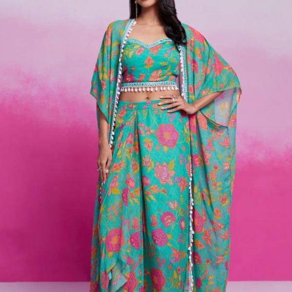 TF-353 | Turquoise Georgette Printed & Embroidered Co-Ord Skirt Set