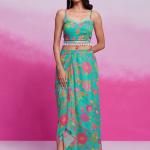 TF-353 | Turquoise Georgette Printed & Embroidered Co-Ord Skirt Set
