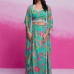TF-353 | Turquoise Georgette Printed & Embroidered Co-Ord Skirt Set