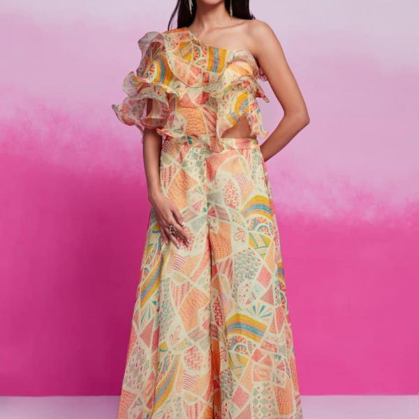 TF-345 | Cream Organza Printed Co-Ord Set (Blouse + Palazzo)
