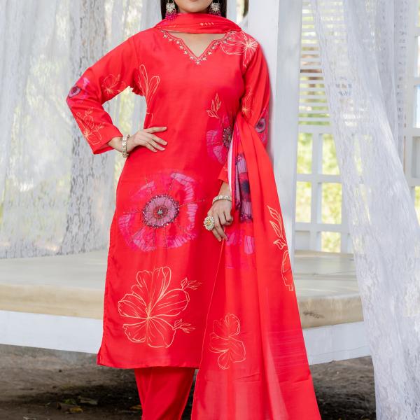 Festive Bloom Red Floral Handwork Suit Set by DT BRAND