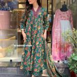DT BRAND Eliza Cambric Cotton A-Line Kurti Pant Dupatta Set – Sequence Yoke Detailing