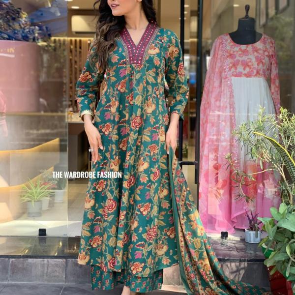 DT BRAND Eliza Cambric Cotton A-Line Kurti Pant Dupatta Set – Sequence Yoke Detailing