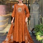 DT BRAND Zoya Orange Mal Cotton Kurti Pant Dupatta Set – Pleated Kurti with Embroidered Butta