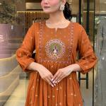 DT BRAND Zoya Orange Mal Cotton Kurti Pant Dupatta Set – Pleated Kurti with Embroidered Butta