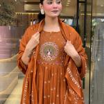 DT BRAND Zoya Orange Mal Cotton Kurti Pant Dupatta Set – Pleated Kurti with Embroidered Butta