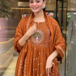 DT BRAND Zoya Orange Mal Cotton Kurti Pant Dupatta Set – Pleated Kurti with Embroidered Butta