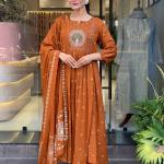 DT BRAND Zoya Orange Mal Cotton Kurti Pant Dupatta Set – Pleated Kurti with Embroidered Butta