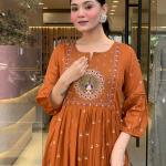DT BRAND Zoya Orange Mal Cotton Kurti Pant Dupatta Set – Pleated Kurti with Embroidered Butta