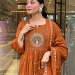 DT BRAND Zoya Orange Mal Cotton Kurti Pant Dupatta Set – Pleated Kurti with Embroidered Butta